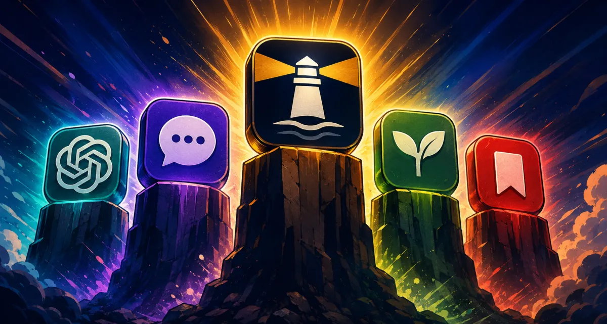 Five app icons on rocky pedestals of different heights, with the Lighthouse icon glowing brightest at the tallest, center pedestal