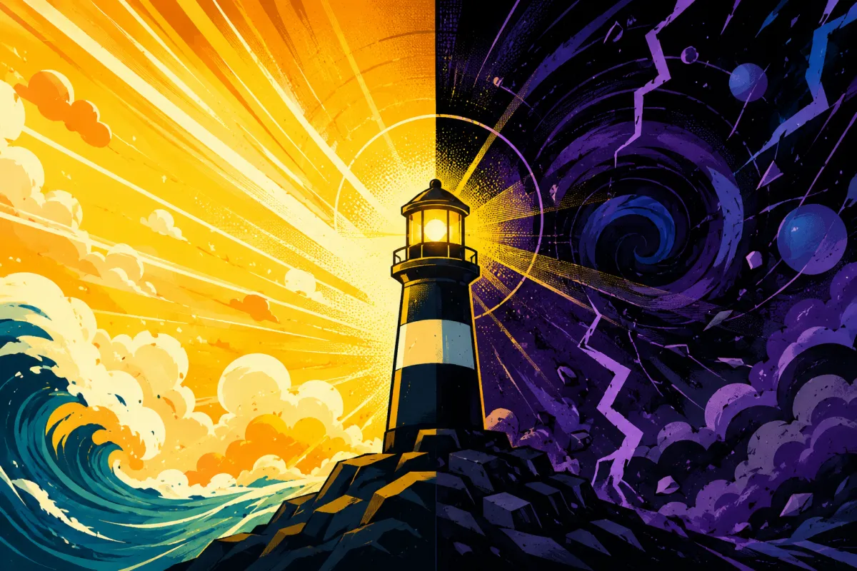 A lighthouse standing between a warm sunlit ocean wave on the left and a swirling cosmic vortex of planets and lightning on the right