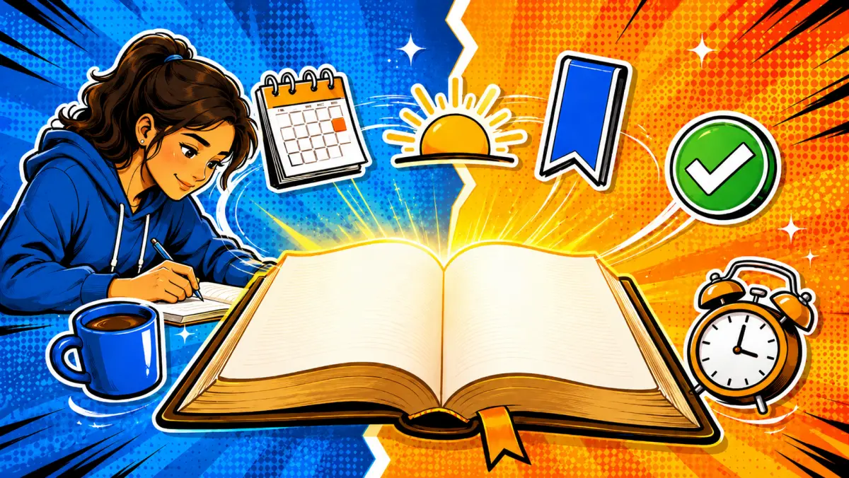 Illustration of a young woman journaling beside an open Bible, with a calendar, sunrise, checkmark, and alarm clock surrounding her