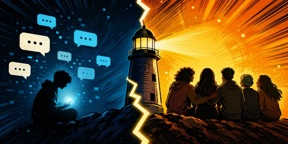 Split illustration of a person alone with glowing chat bubbles on the left, and a group sitting together in warm lighthouse light on the right