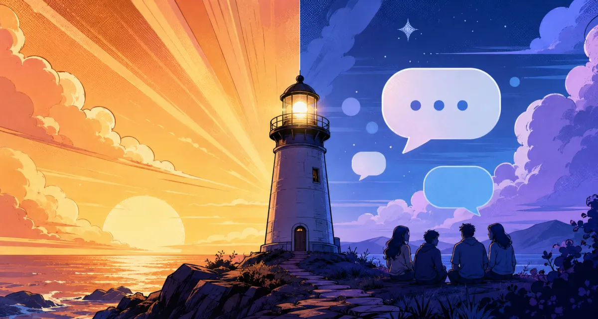 Split illustration of a lighthouse at sunrise on the left and a group of friends sitting together under a night sky with chat bubbles on the right