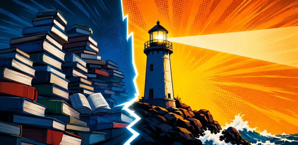 Split illustration of a towering pile of books on the left and a lighthouse shining over the ocean on the right, divided by a bolt of light