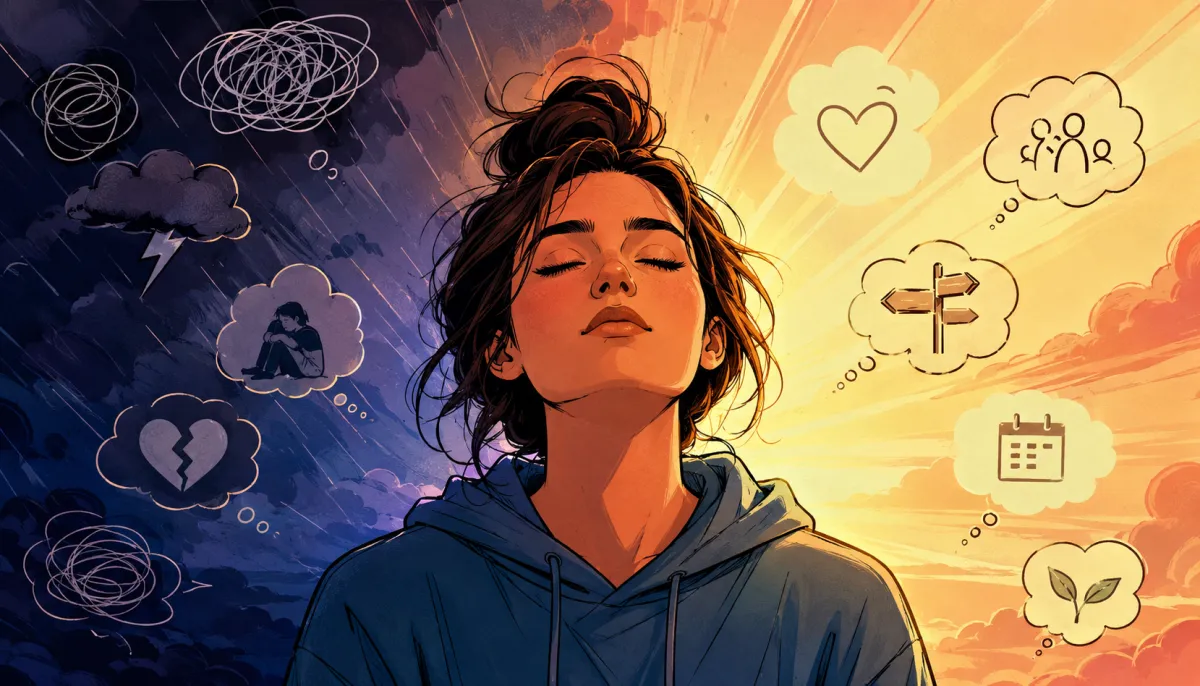 Illustration of a young woman with eyes closed, exhaling in relief as dark storm clouds of worry give way to warm golden light and hopeful thoughts