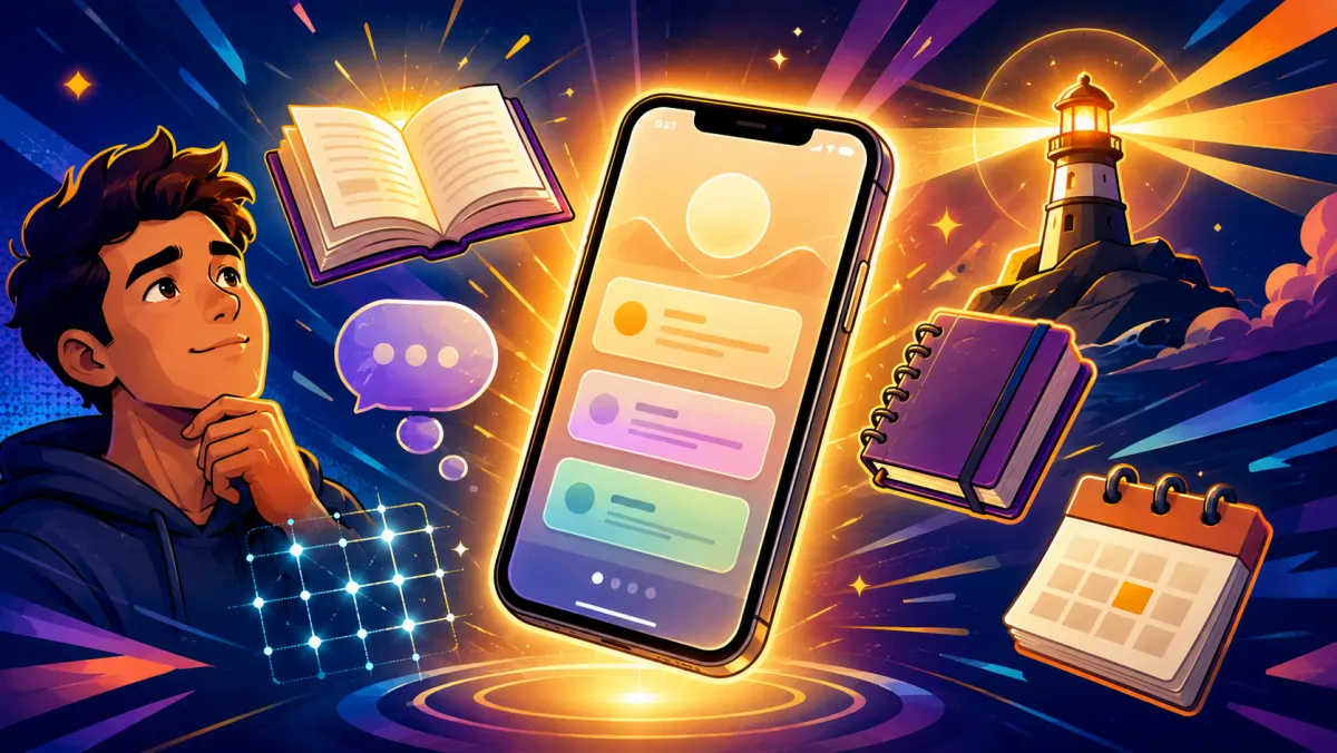 Illustration of a young man thinking beside a phone showing a devotional feed, surrounded by a book, journal, calendar, and a distant lighthouse