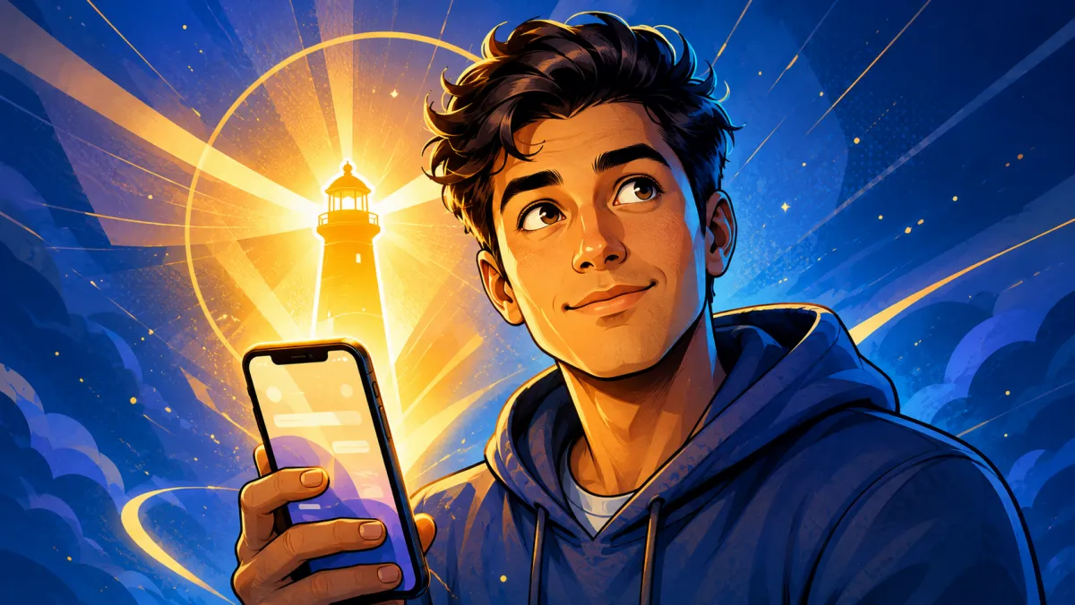 Illustration of a young man holding a phone, looking up hopefully as a lighthouse beam shines behind him